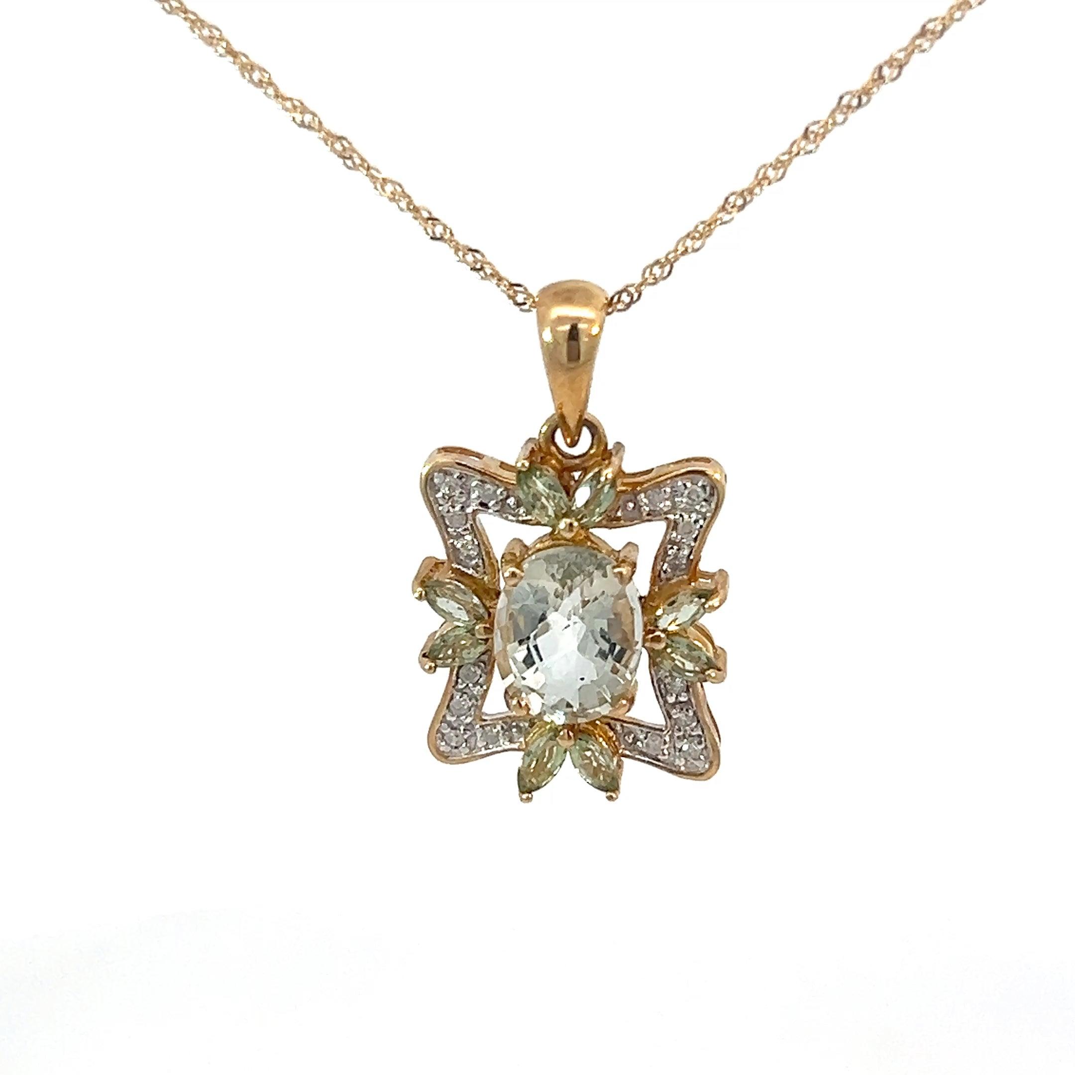 14k Yellow Gold Green Amethyst Oval Shape and Round Diamond Pendant 20" inch 5.3 gram