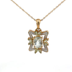 14k Yellow Gold Green Amethyst Oval Shape and Round Diamond Pendant 20" inch 5.3 gram