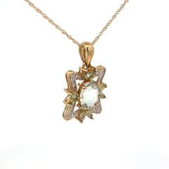 14k Yellow Gold Green Amethyst Oval Shape and Round Diamond Pendant 20" inch 5.3 gram