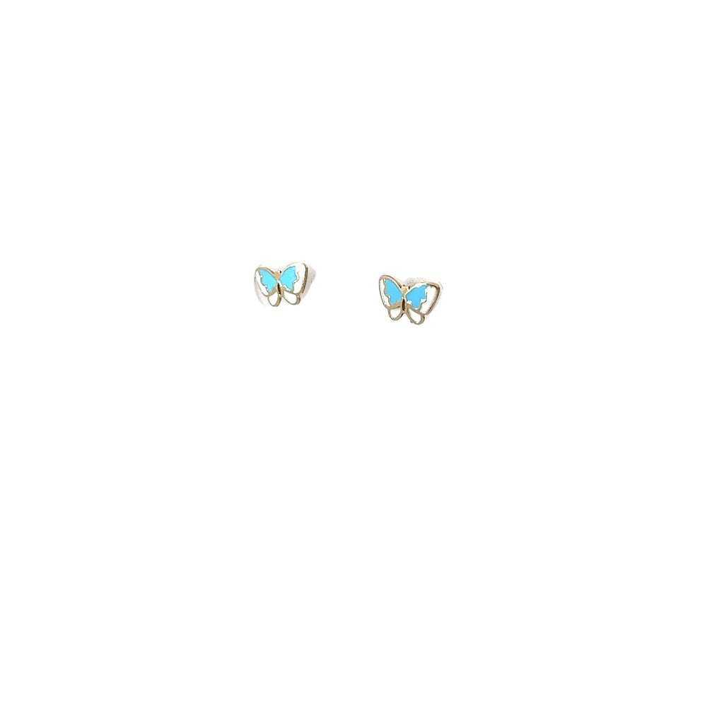 14k Yellow Gold Ex Small Butterfly Turquoise/White Enamel Stud Baby Earrings