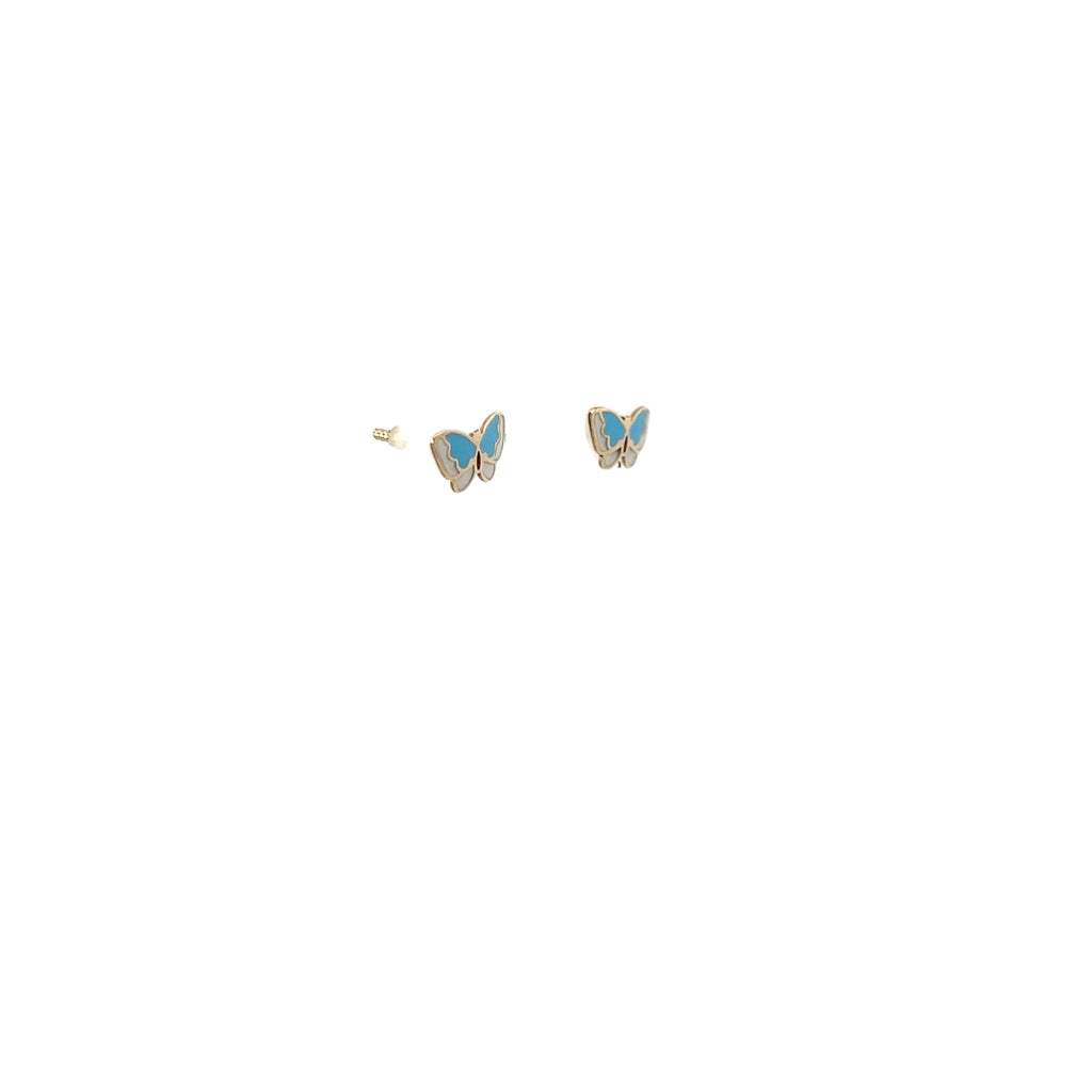 14k Yellow Gold Ex Small Butterfly Turquoise/White Enamel Stud Baby Earrings