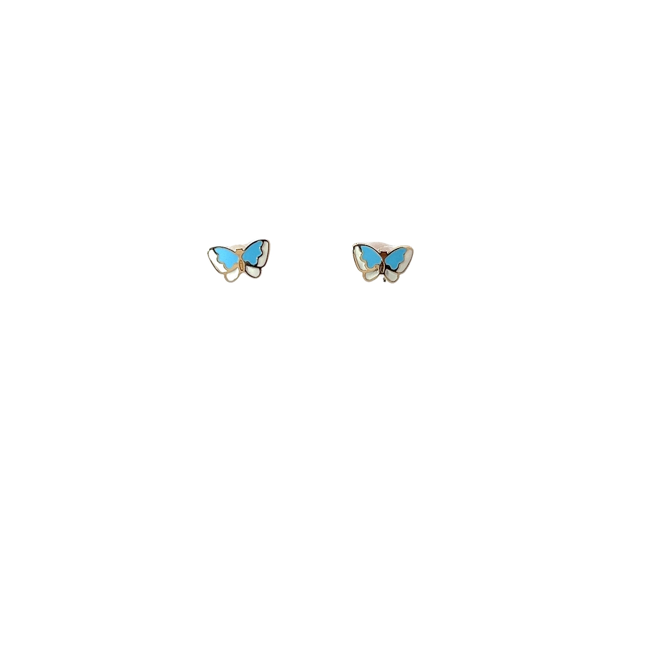 14k Yellow Gold Ex Small Butterfly Turquoise/White Enamel Stud Baby Earrings