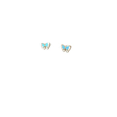 14k Yellow Gold Ex Small Butterfly Turquoise/White Enamel Stud Earrings