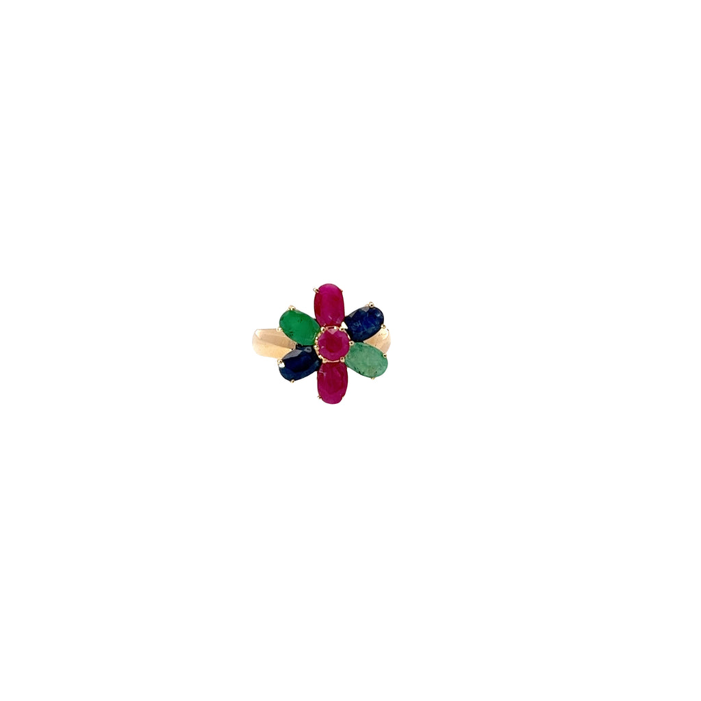 14k Rose Gold 3.00ct Total Weight of Emerald, Sapphire, and Ruby Flower Ring
