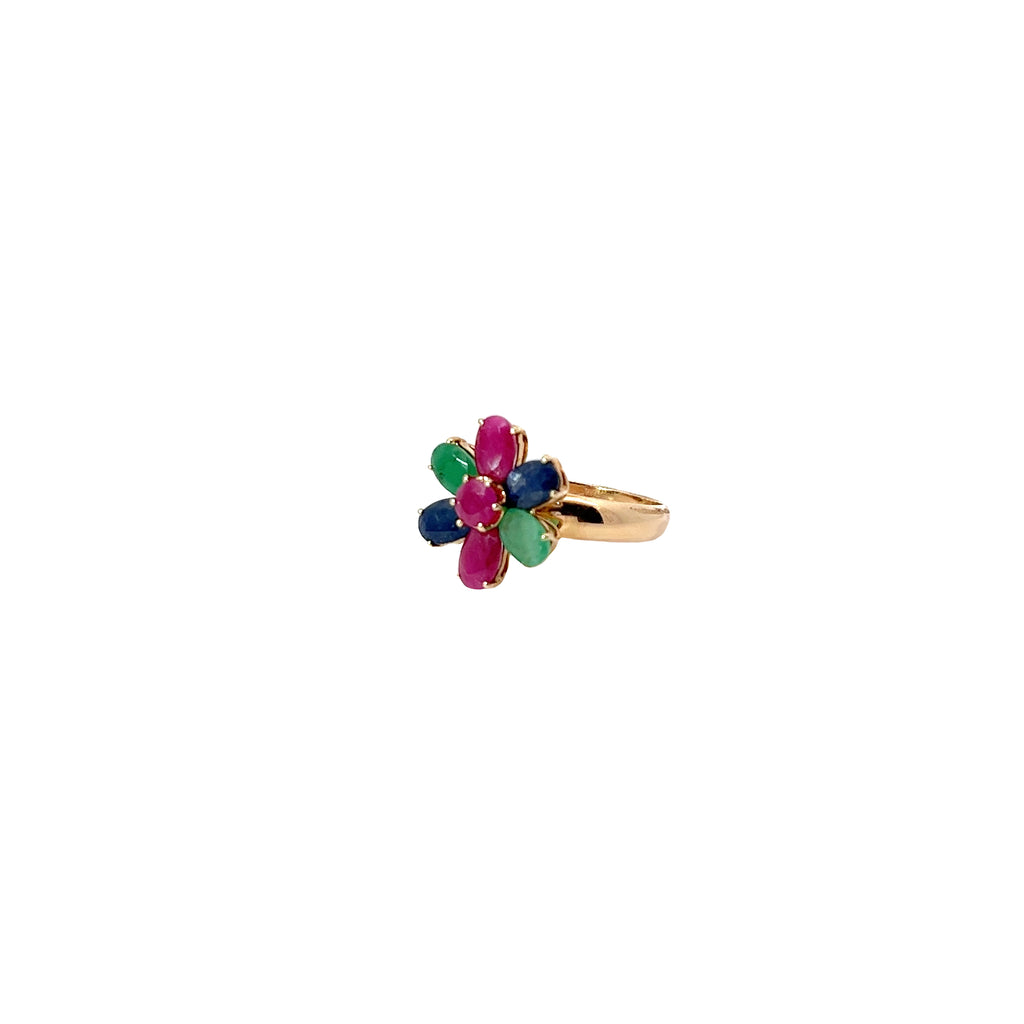14k Rose Gold 3.00ct Total Weight of Emerald, Sapphire, and Ruby Flower Ring