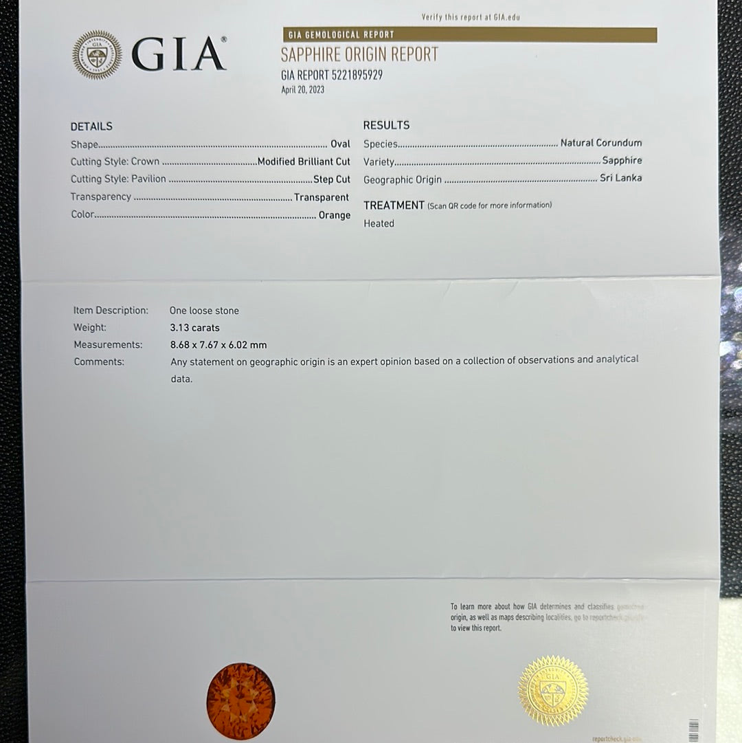 3.13cts GIA Certified Round Brilliant Orange Sapphire