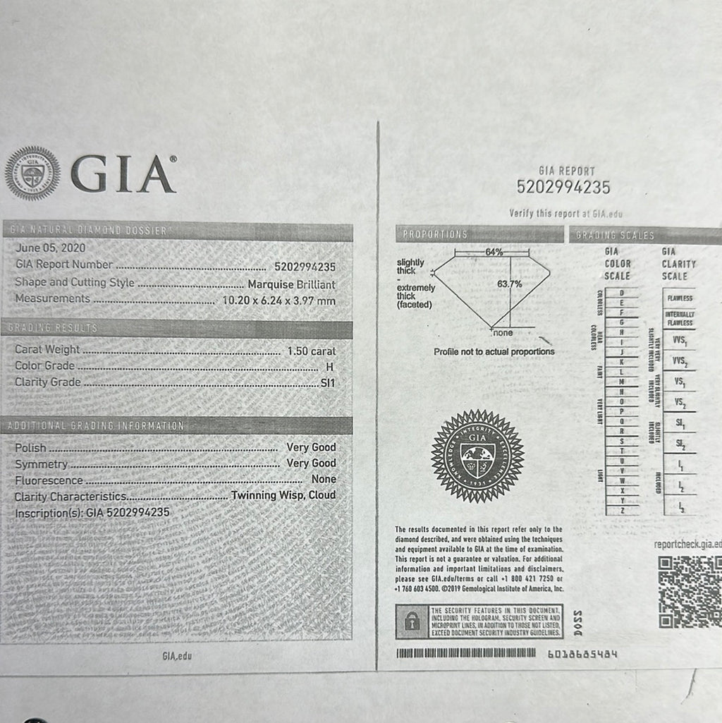 GIA Certified Marquise Shaped Diamond. Measuring 1.50 H in color SI1 in clarity..