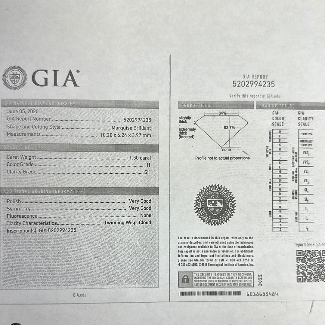 GIA Certified Marquise Shaped Diamond. Measuring 1.50 H in color SI1 in clarity..
