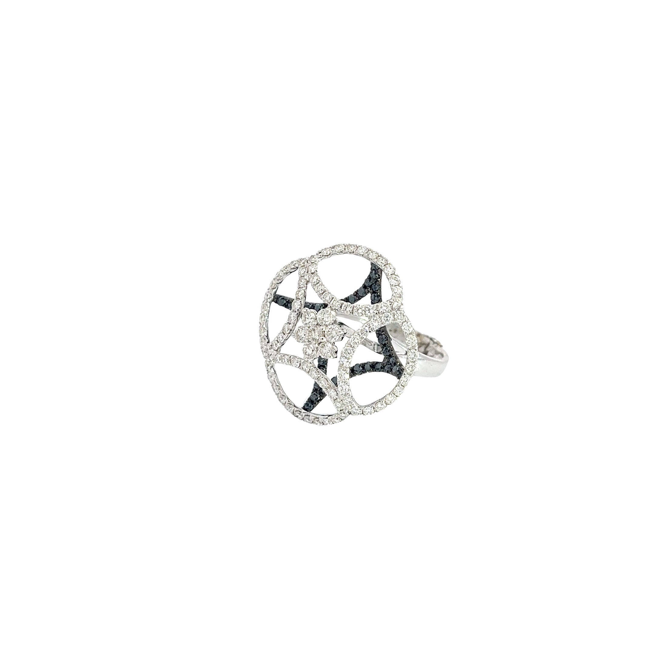 18k White Gold 1.05ct F VS2 Round White Diamond and surround by .25ct Round Black Diamond Ring