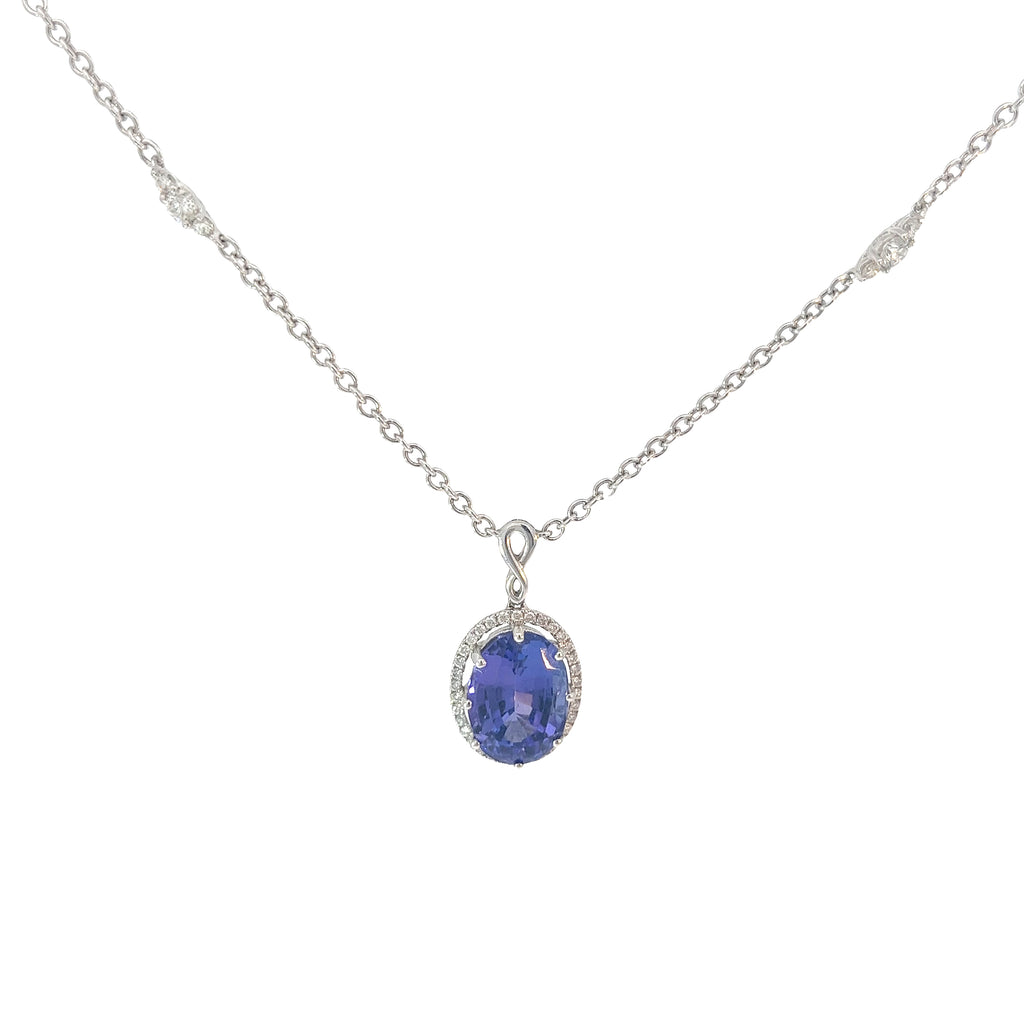 18k White Gold 7.60ct Oval Shape Tanzanite and .75ct G SI1 Round Diamond Necklace