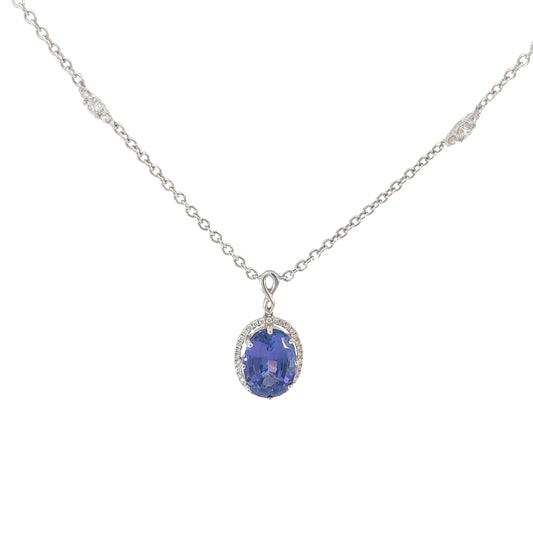 18k White Gold 7.60ct Oval Shape Tanzanite and .75ct G SI1 Round Diamond Necklace
