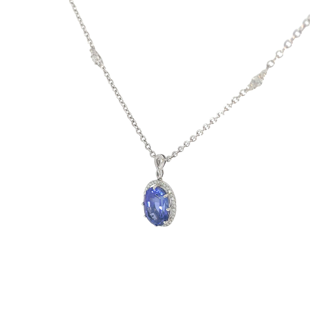 18k White Gold 7.60ct Oval Shape Tanzanite and .75ct G SI1 Round Diamond Necklace