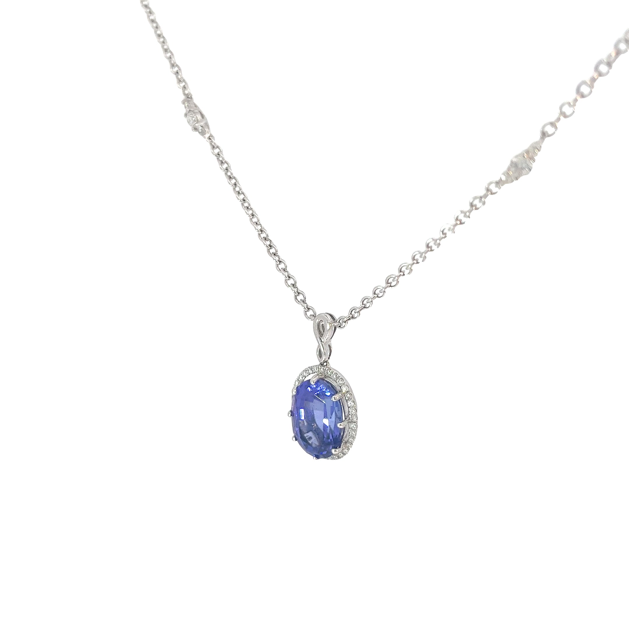 18k White Gold 7.60ct Oval Shape Tanzanite and .75ct G SI1 Round Diamond Necklace