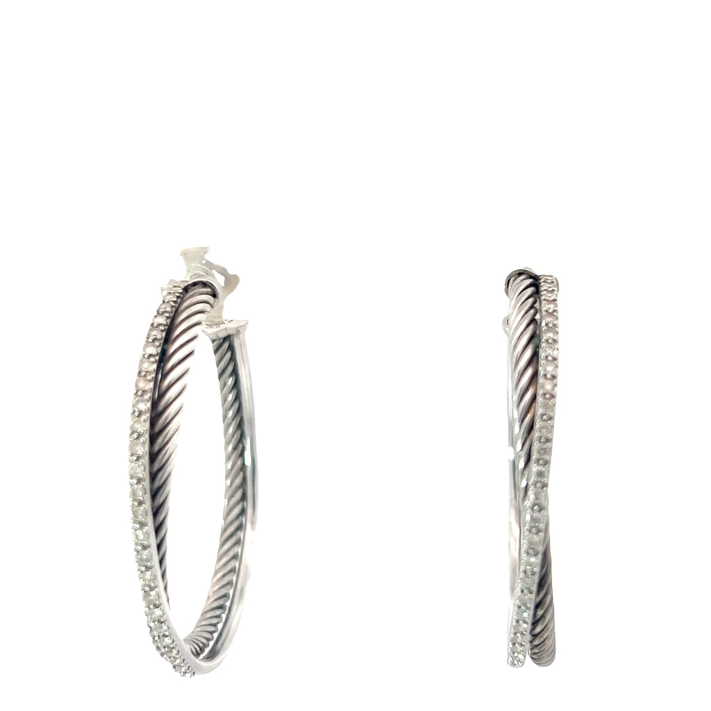 David Yurman Crossover Diamond Hoop Earrings Sterling Silver and 14k White Gold