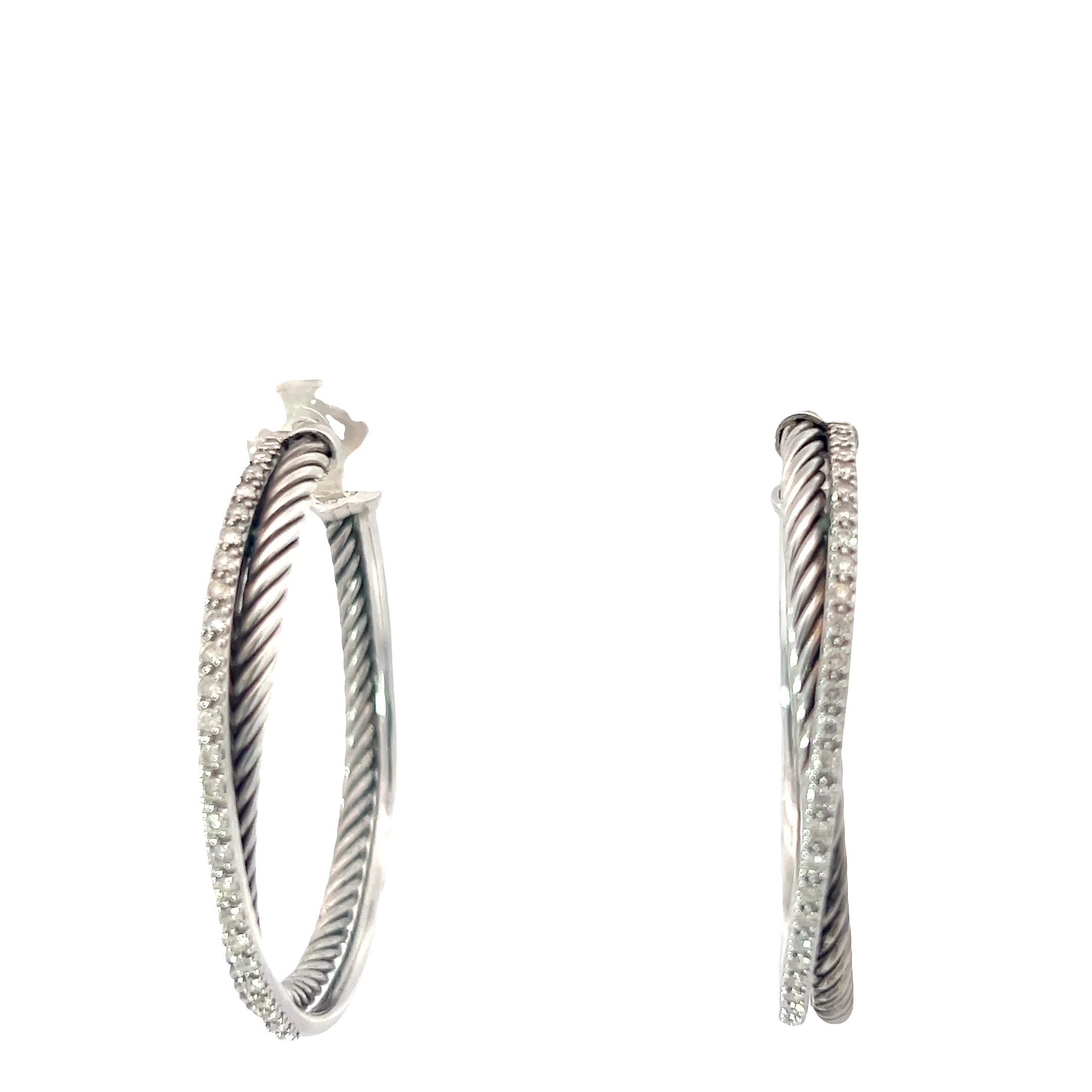 David Yurman Crossover Diamond Hoop Earrings Sterling Silver and 14k White Gold