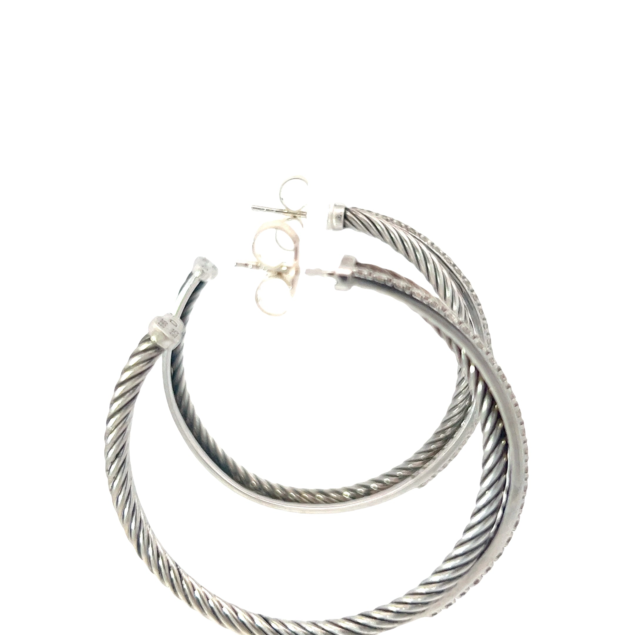 David Yurman Crossover Diamond Hoop Earrings Sterling Silver and 14k White Gold