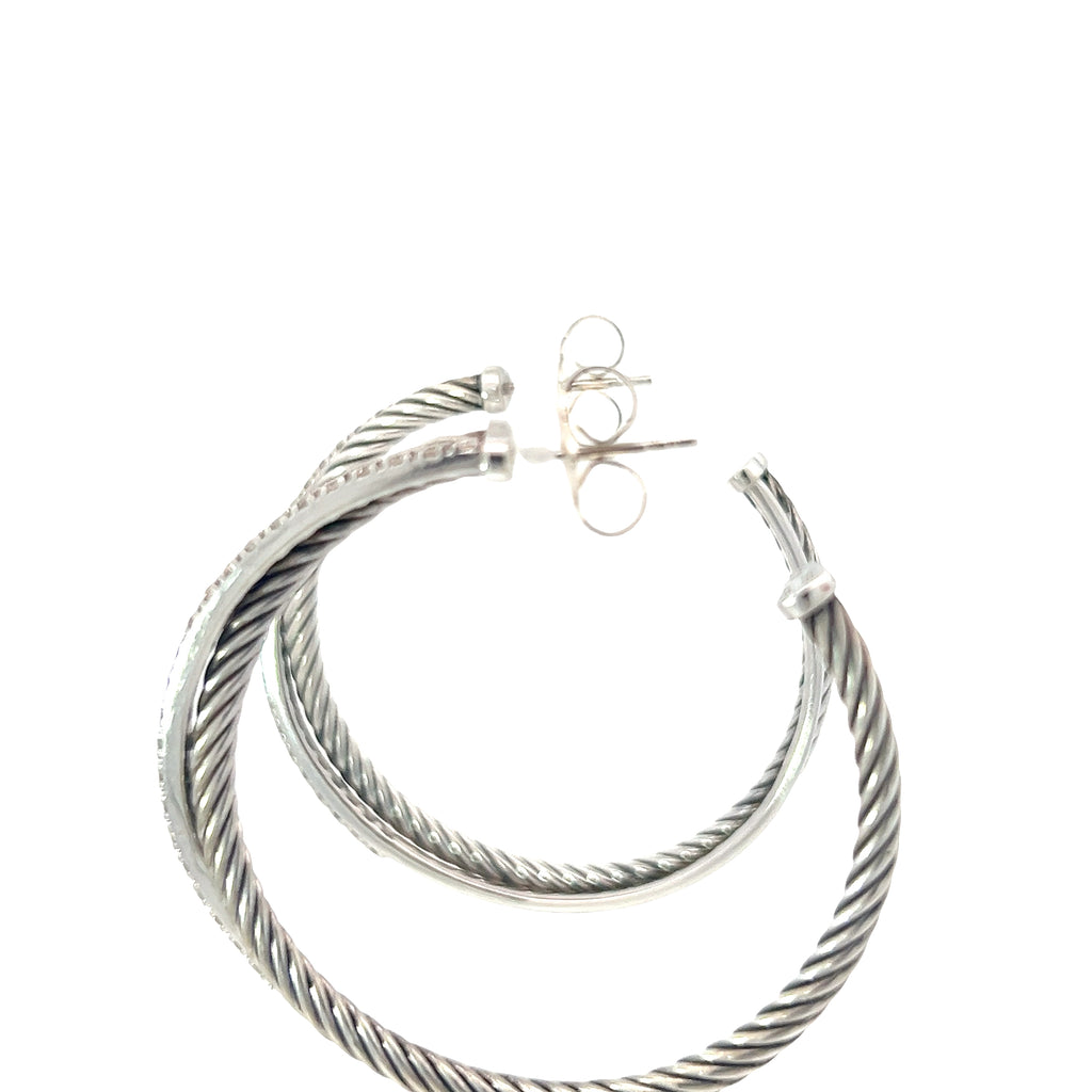 David Yurman Crossover Diamond Hoop Earrings Sterling Silver and 14k White Gold