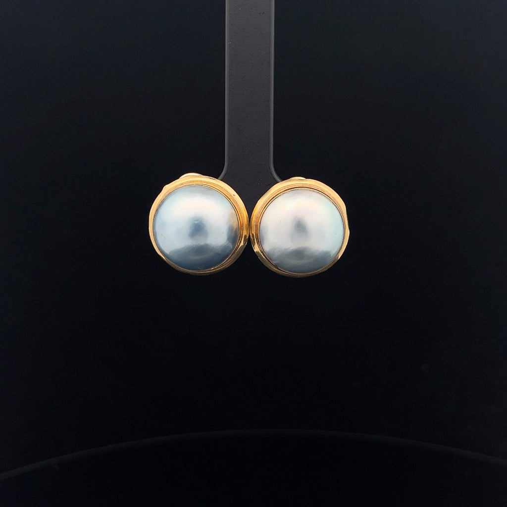 14k Yellow Gold Fresh Water White Mabe Pearl 14mm Stud Earrings