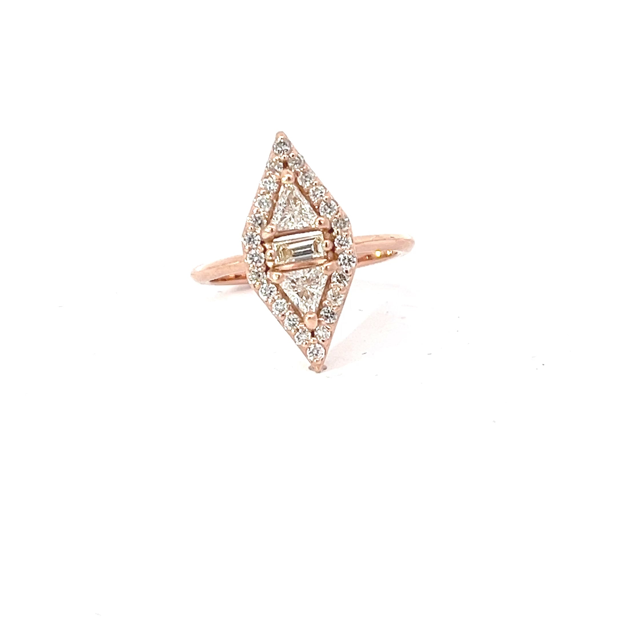 14k Gold .50ct Trillion/.15ct Baguette/.35ct Round Diamond Vertical Geometrical Fashion Ring Size 6.5