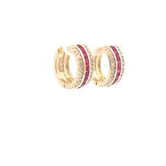 14K Yellow Gold 1ct Round Ruby/.50ct G VS2 Round Diamond Huggies Earrings 8mm