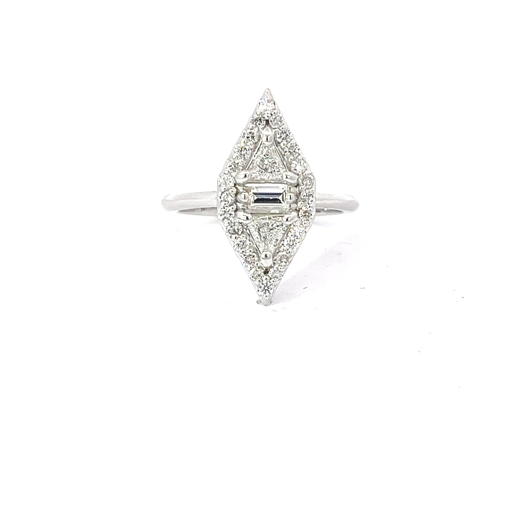14k Gold .50ct Trillion/.15ct Baguette/.35ct Round Diamond Vertical Geometrical Fashion Ring Size 6.5