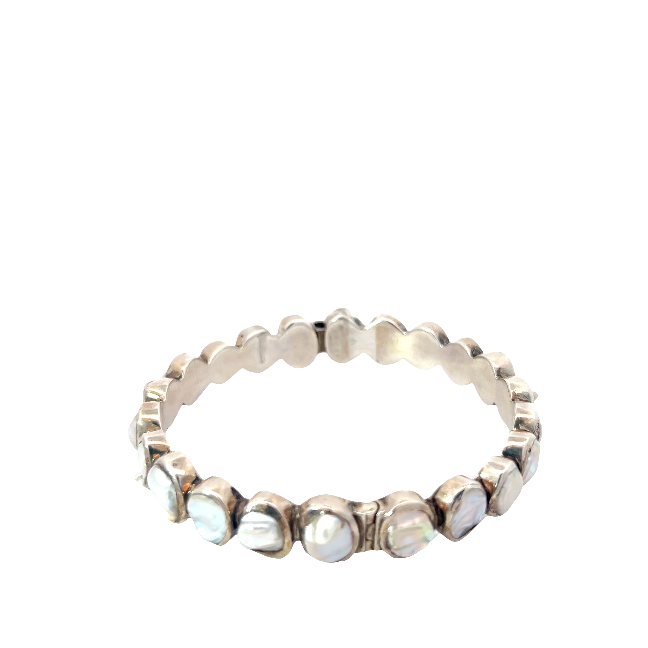 Stephen Dweck White Keshi Pearl Medium Open and Close Bangle in Sterling Silver