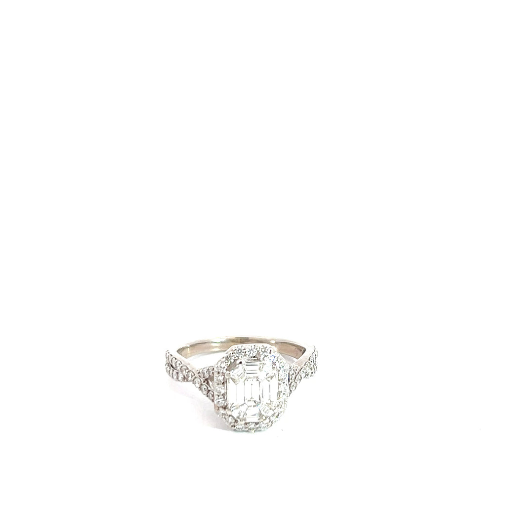 14k White Gold 1ct F VS2 Invisible Set Baguette and Round Diamond Ring