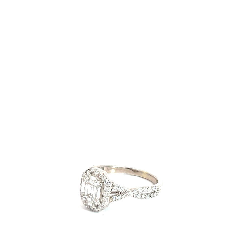 14k White Gold 1ct F VS2 Invisible Set Baguette and Round Diamond Ring