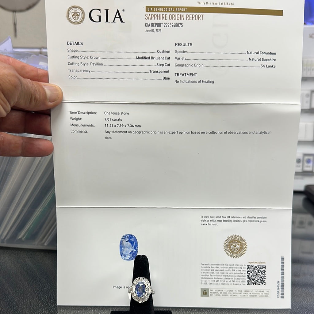 18k White Gold 7.01 Blue Sapphire Cushion and surround by 2.36ct  G VS2 Baguette  Diamond Ring Certified by GIA #2225948075