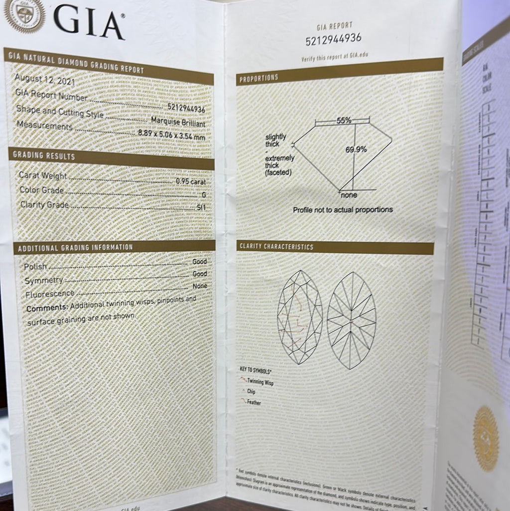 .95CT G SI1 MARQUISE DIAMOND GIA