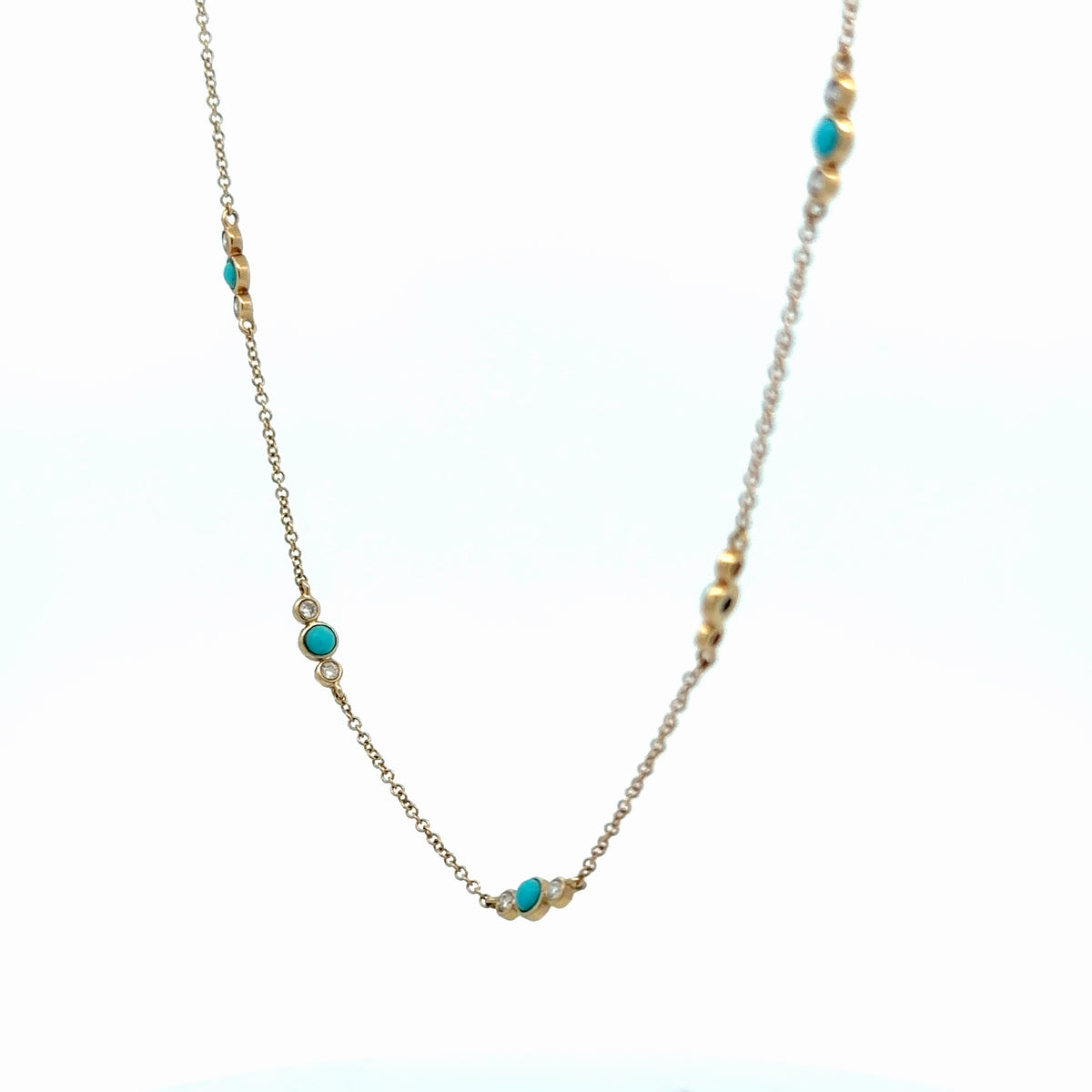 14k Yellow Gold .25ct G VS2 Round Diamond / .40ct Bead Turquoise Necklace 16"inch