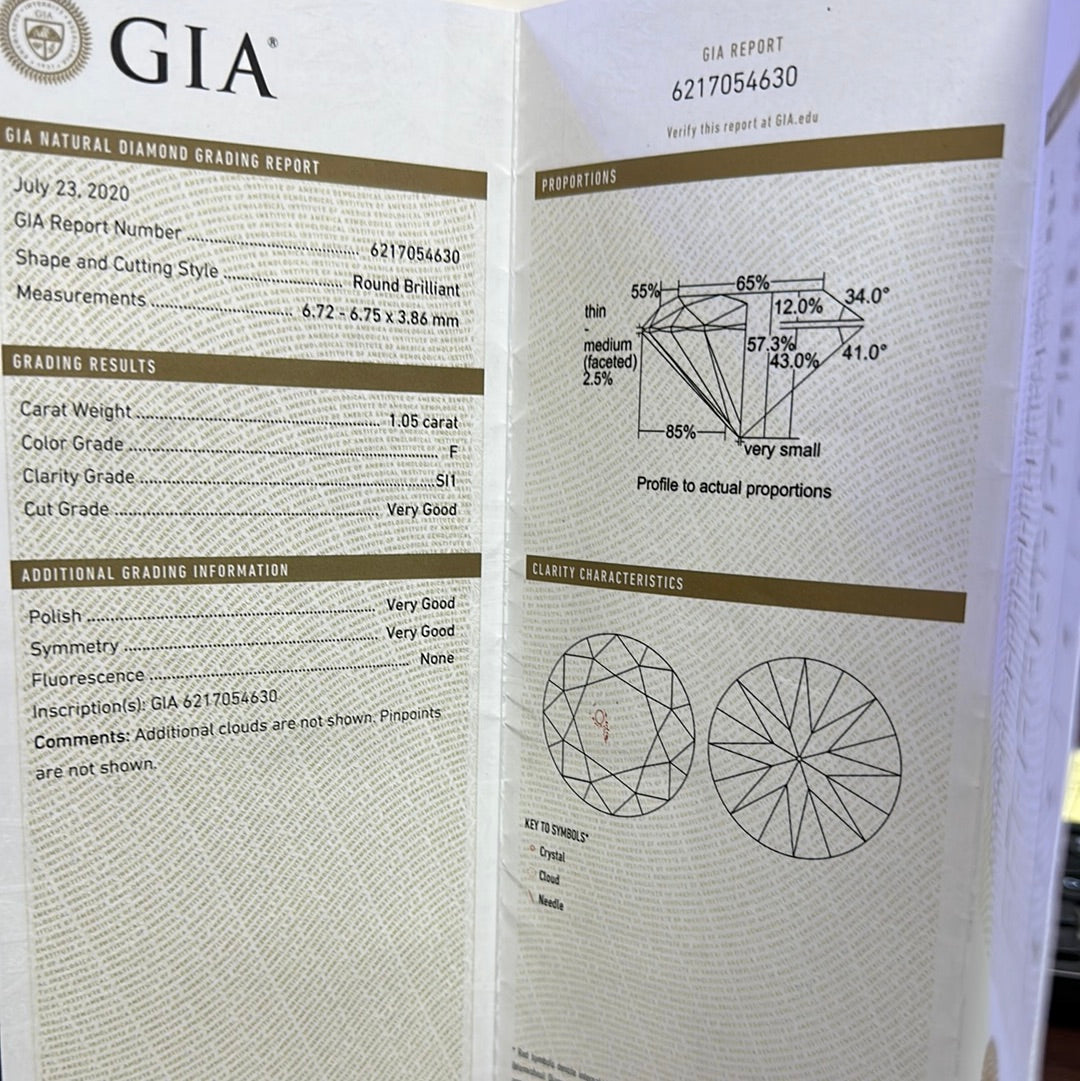 1.05CT F SI1 ROUND DIAMOND GIA
