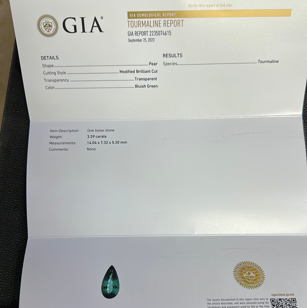 3.39 CT TOURMALINE BLUISH GREEN PEAR TRANSPARENT GIA
