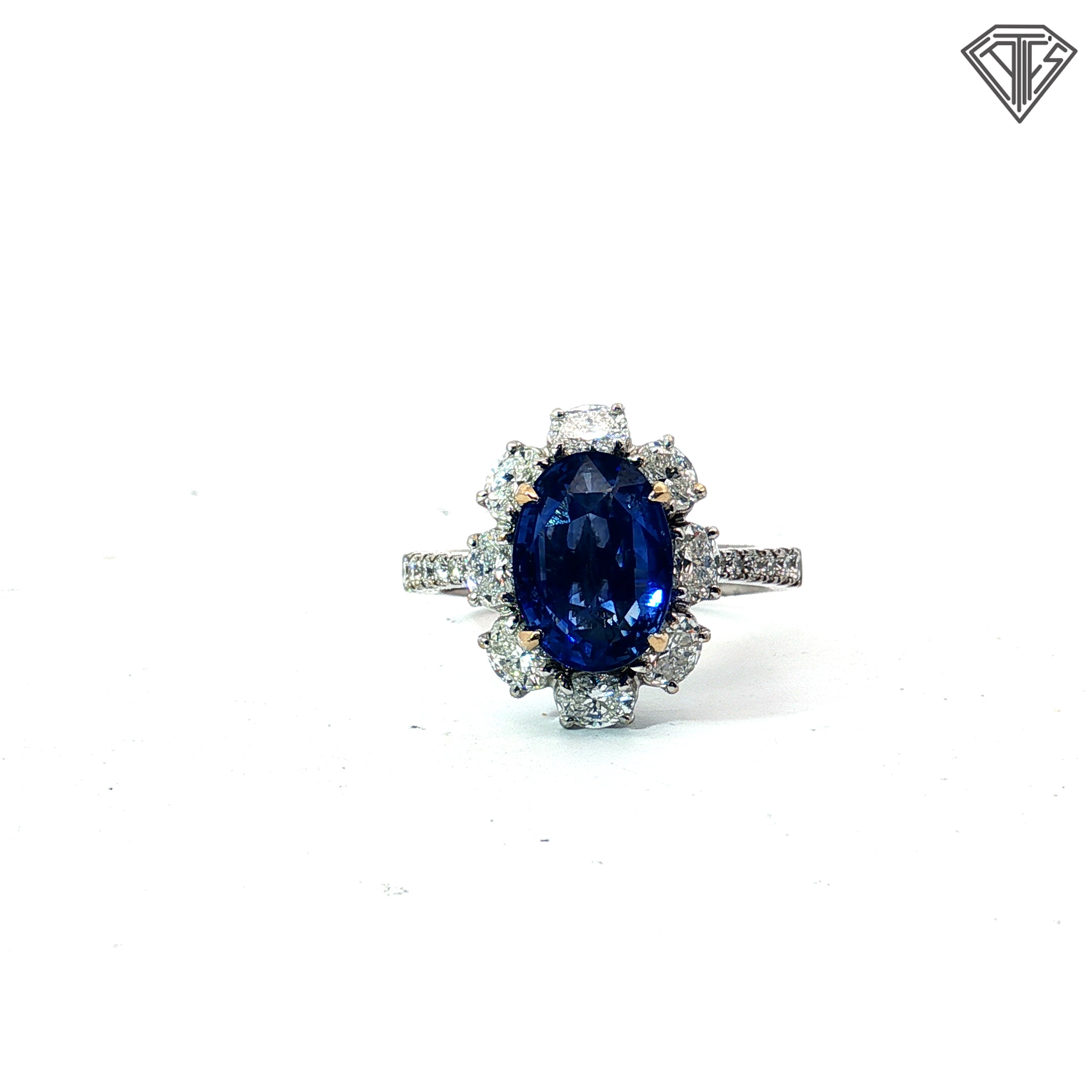18k White Gold 3.87ct Oval Blue Sapphire Sir Lanka with Set in Oval 1.03ct F VS2 Total Weight Diamond Halo /.20ct F VS2 Round Diamond on Shank Ring  Certified By GIA # 6237650294