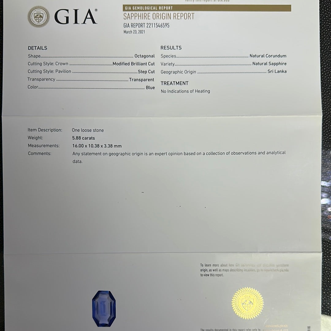GIA Certified Octagonal Natural Blue Sapphire