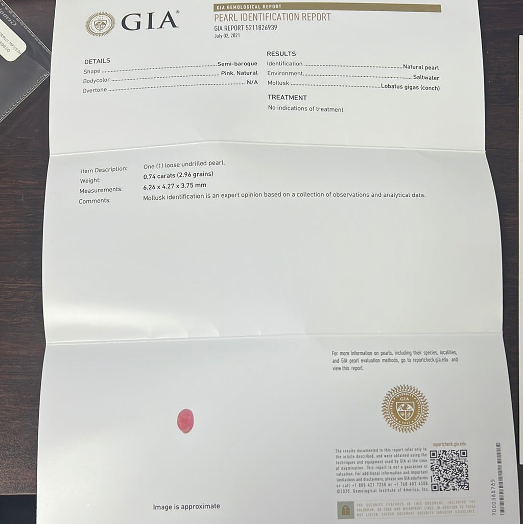 18k Yellow Gold  1.75CT F VS2 Round Diamond and .74ct Conch Pearl Ring certified by GIA #5211826939