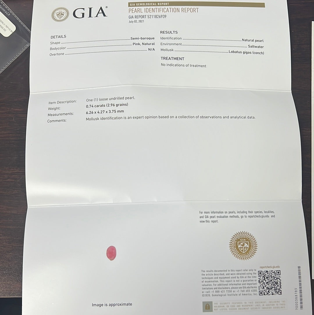 18k Yellow Gold  1.75CT F VS2 Round Diamond and .74ct Conch Pearl Ring certified by GIA #5211826939