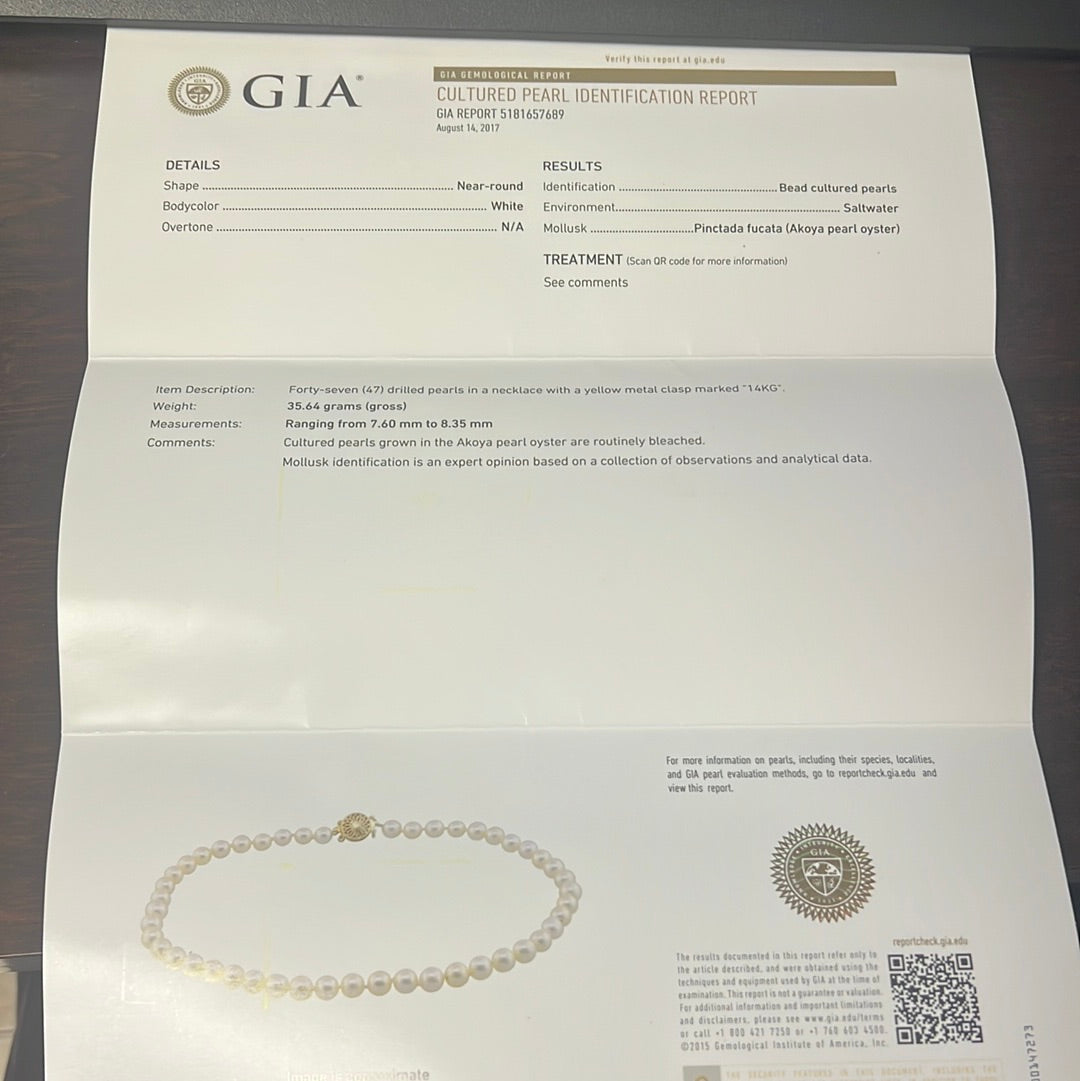 14k Yellow Gold Cultured Salt Water Pearl 8.5mm Necklace Certified By GIA # 5181657689