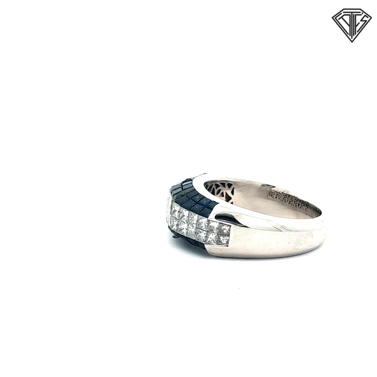 18k White Gold 1.50ct F VS2 Princess Cut / 2.00ct Blue Sapphire Princess Cut Invisible Set Men Ring Size 8