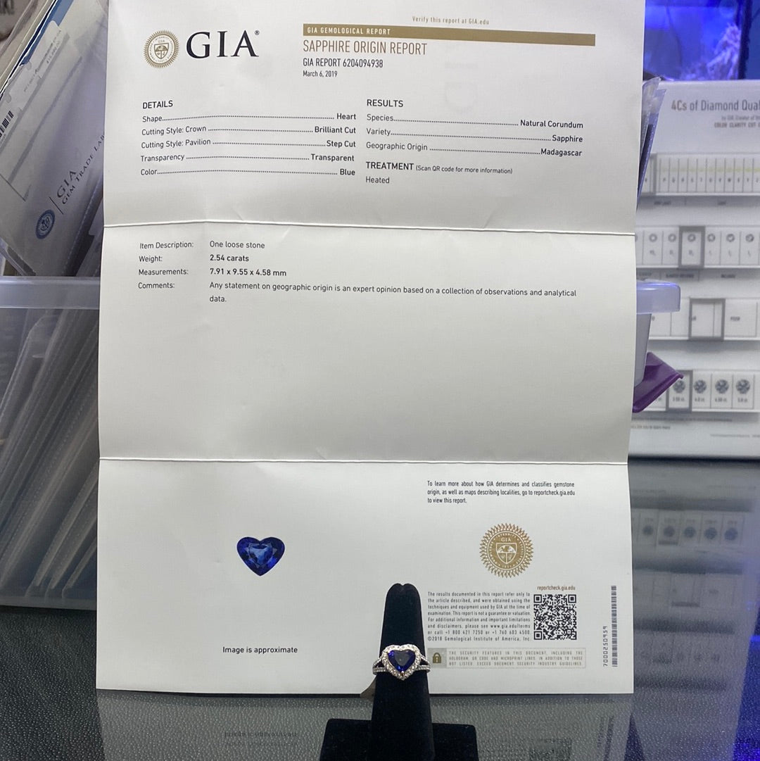 18k Two Toned 2.54ct Heart Shape Blue Sapphire and .66ct F VS2 Round Diamond Ring Certified By GIA # 6204094938