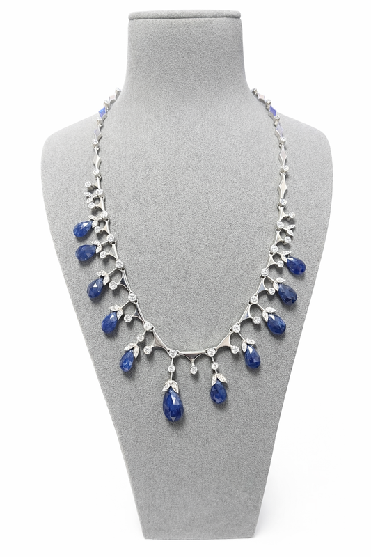 14k White Gold 30.00ct Briolette Natural Blue Sapphire Pear/ Tear Drop Shaped/ 1.75ct G VS2 Round Diamond Vintage Necklace