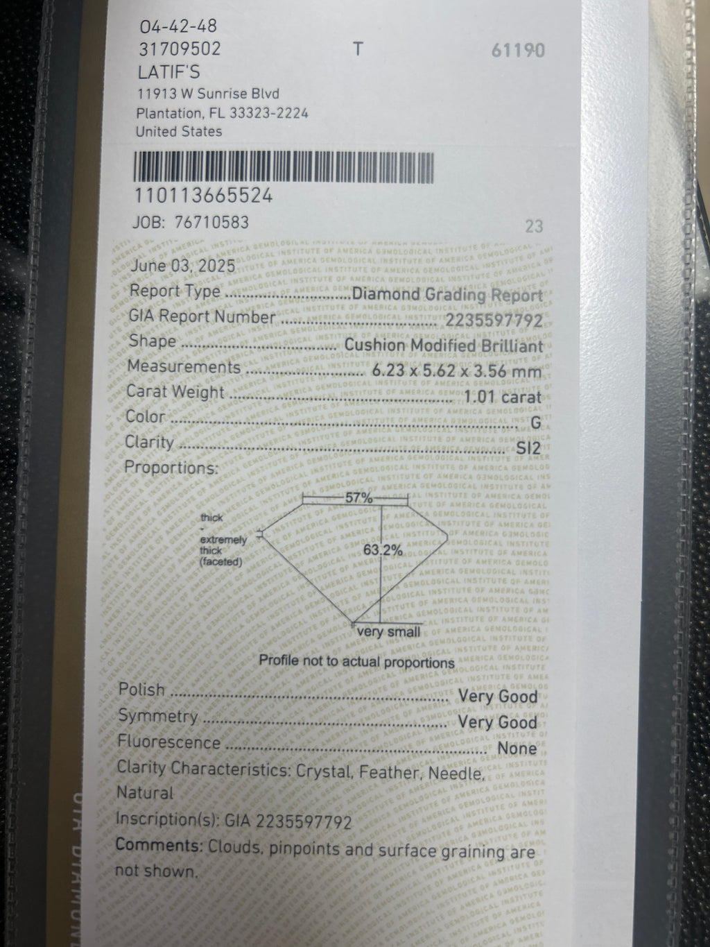 1.01ct G SI2 Cushion Loose Diamond Certified By GIA # 2235597792