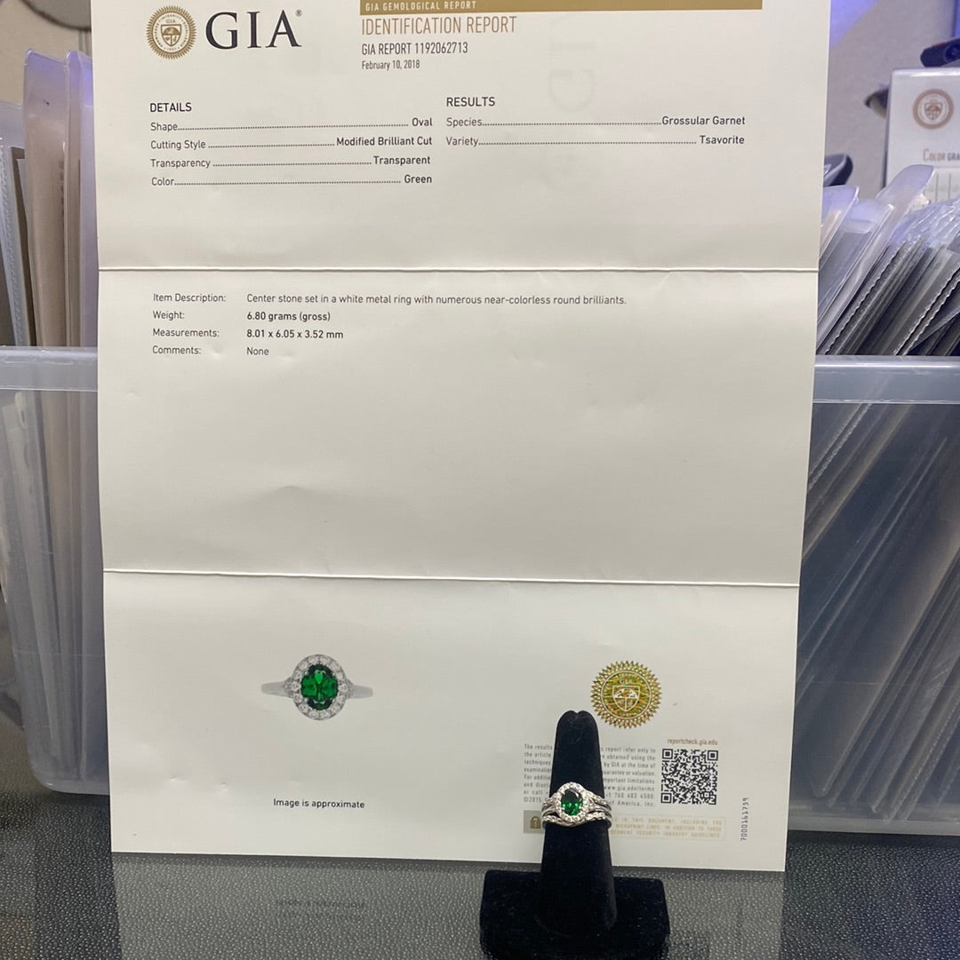Ladies Platinum 1.50ct Green Tsavorite and .42ct G VS2 Diamond ring GIA certified