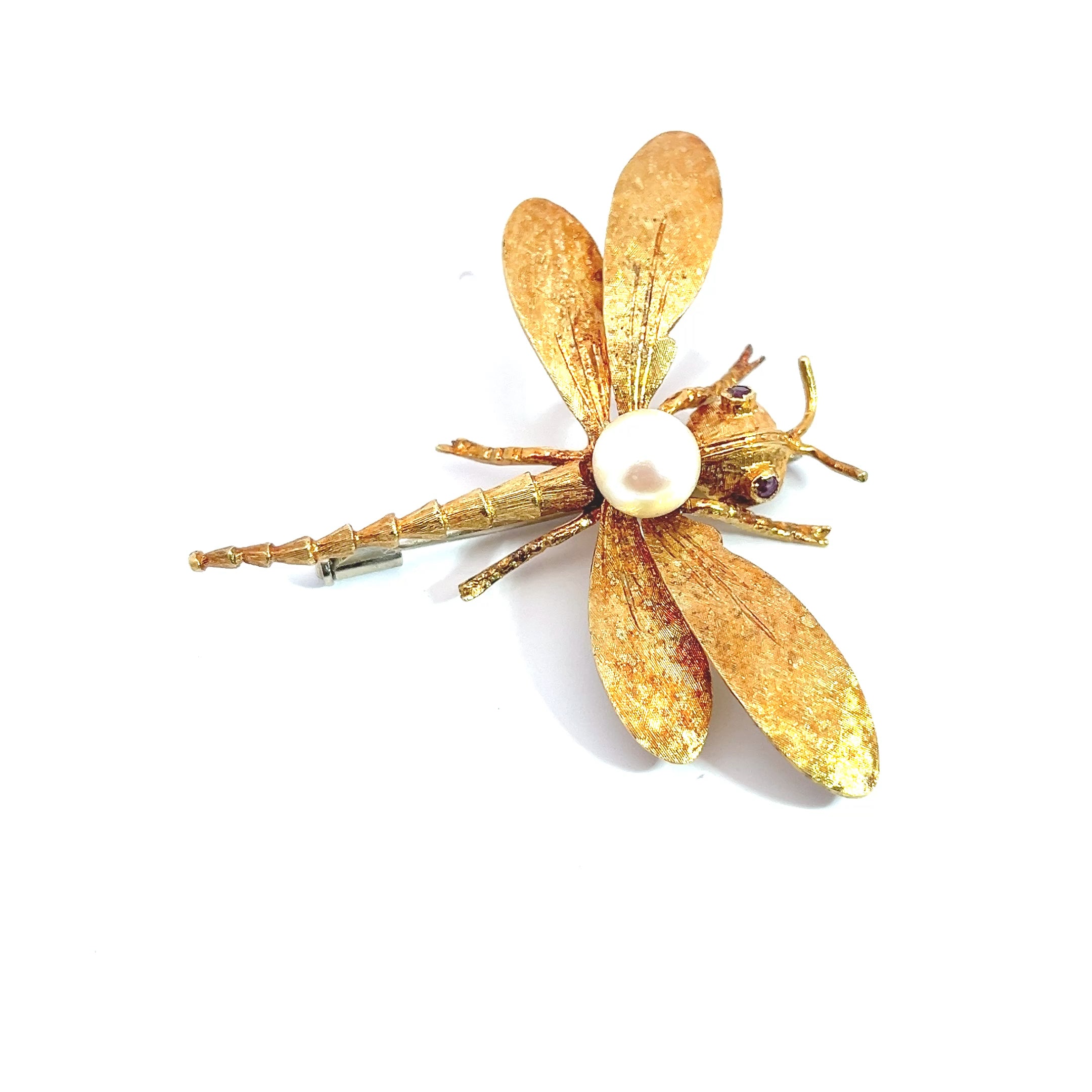 Vintage Corletto 18k Yellow Gold Ruby Eye Pearl back Dragonfly Brooch Pin
