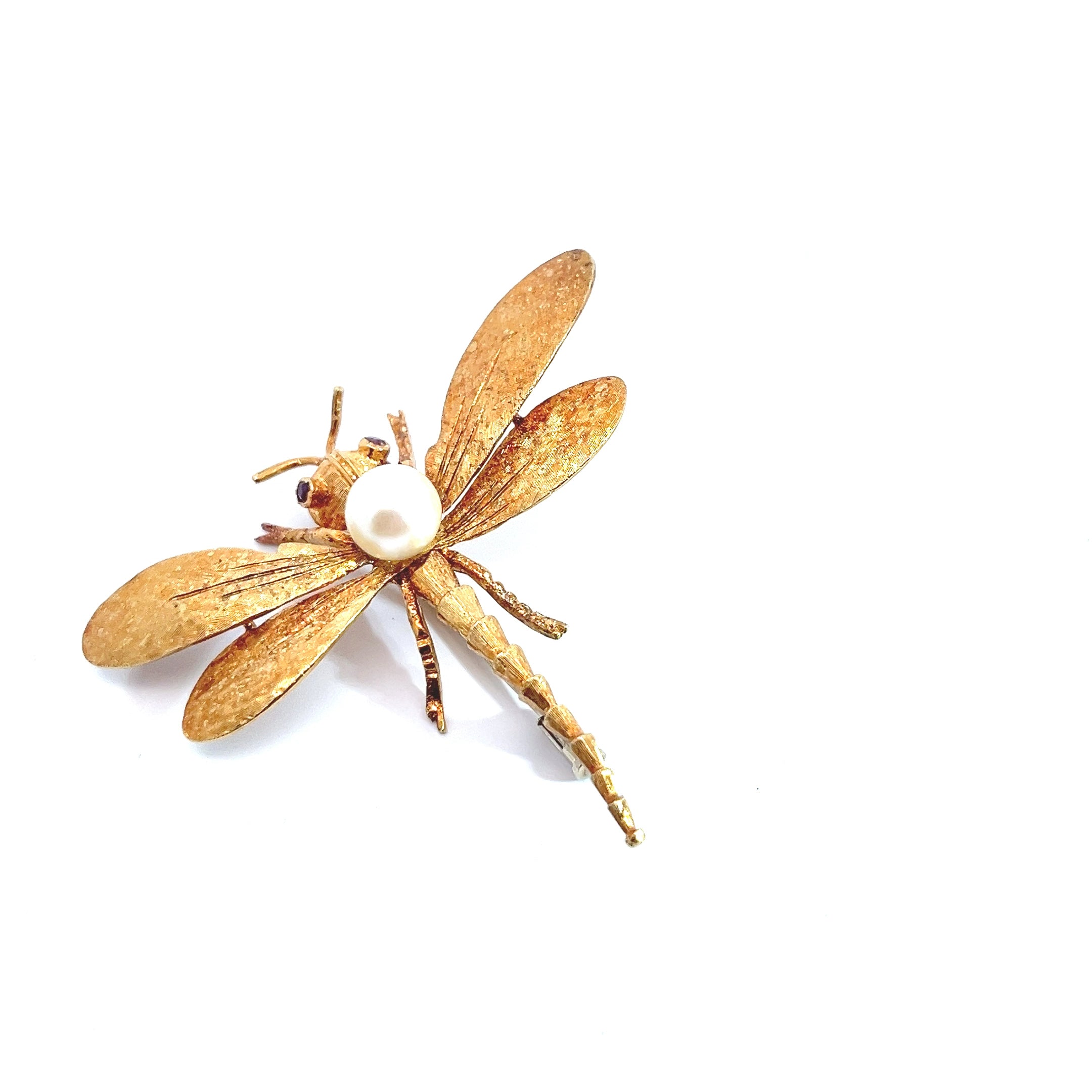 Vintage Corletto 18k Yellow Gold Ruby Eye Pearl back Dragonfly Brooch Pin
