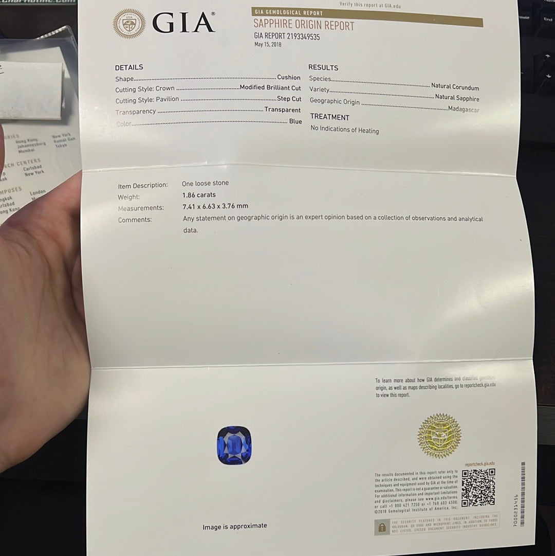 Platinum 1.86ct Cushion Natural Blue Sapphire and Surround by the Halo 1.56ct F VS1 Round Diamond Ring. Certified by GIA #2193349535