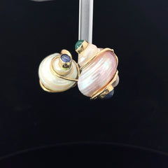 14k Yellow Gold Vintage Turbo Shell Cabochon Emerald /Cabochon Tanzanite Earring Design By Seaman Schepps