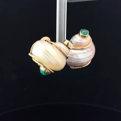 14k Yellow Gold Vintage Turbo Shell Cabochon Emerald /Cabochon Tanzanite Earring Design By Seaman Schepps