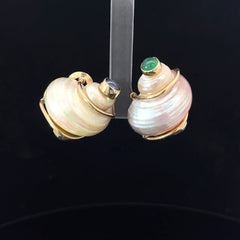 14k Yellow Gold Vintage Turbo Shell Cabochon Emerald /Cabochon Tanzanite Earring Design By Seaman Schepps