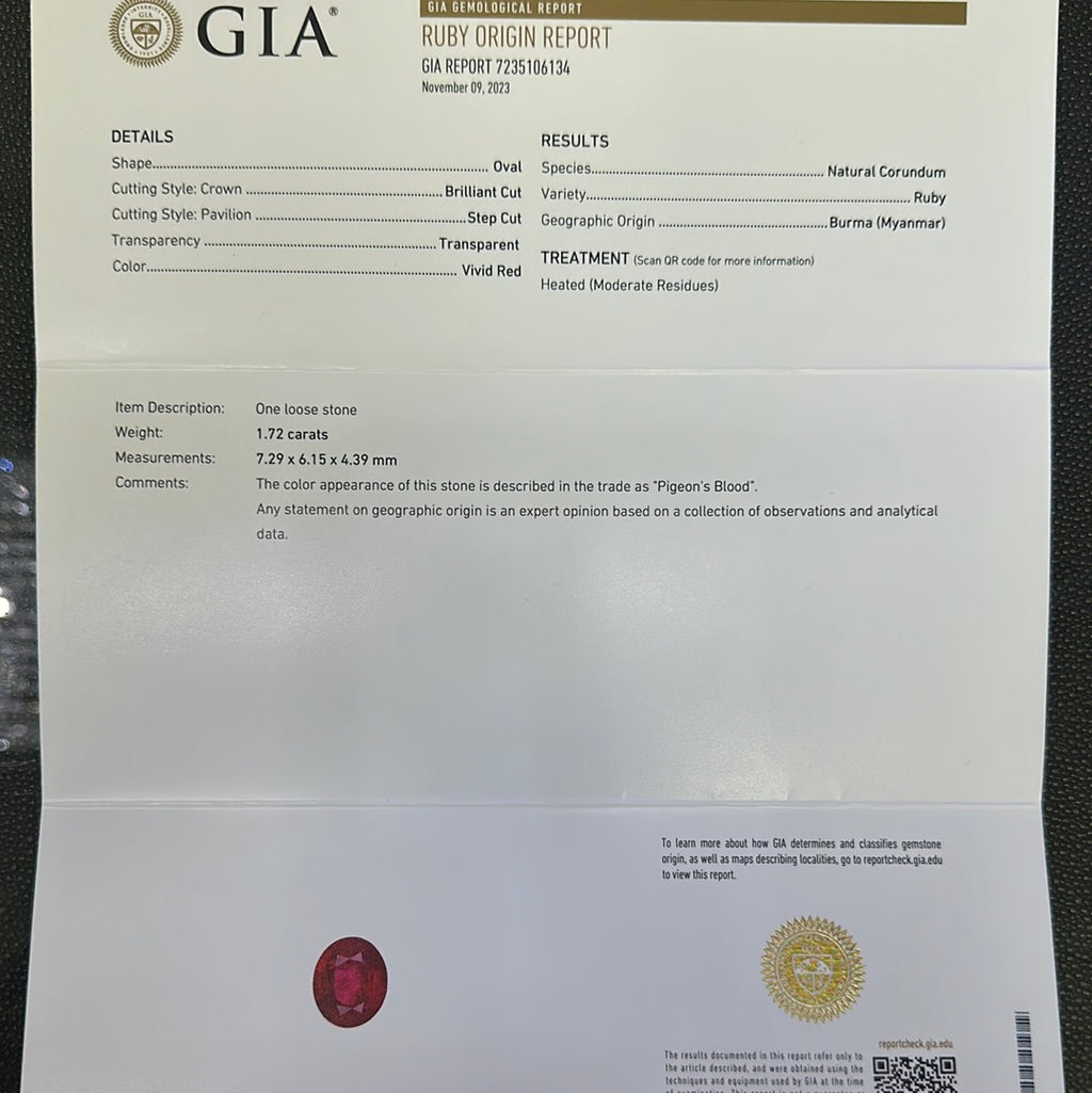 18k White Gold 1.72ct Oval AA Burma Ruby and .35ct F VS2 Baguette Diamond Ring Certified by GIA # 7235106134